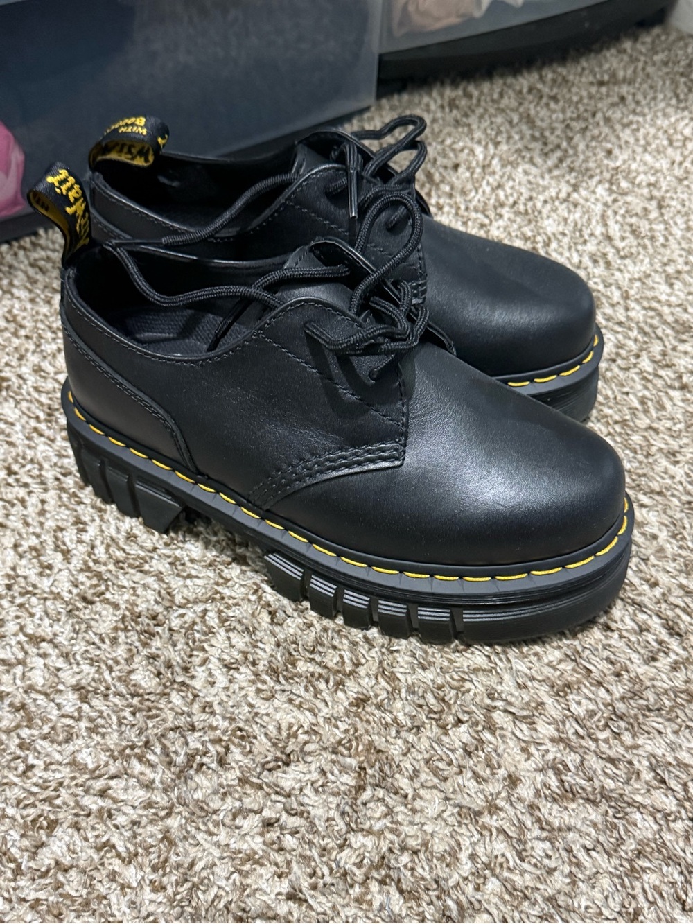 Skechers Black Leather Lace-Up Derby with Yellow Stitch Detail
